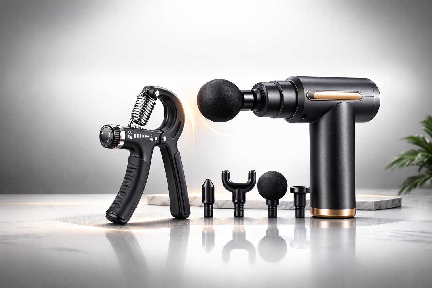 Massage gun and attachments on a reflective surface with a neutral background